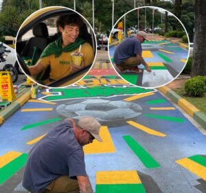 Para celebrar a estreia da Seleção Brasileira, a unidade está recebendo uma intervenção artística exclusiva na pista do Drive-Thru, assinada pelo artista porto- alegrense Lucas Anão. Imagem: Divulgação